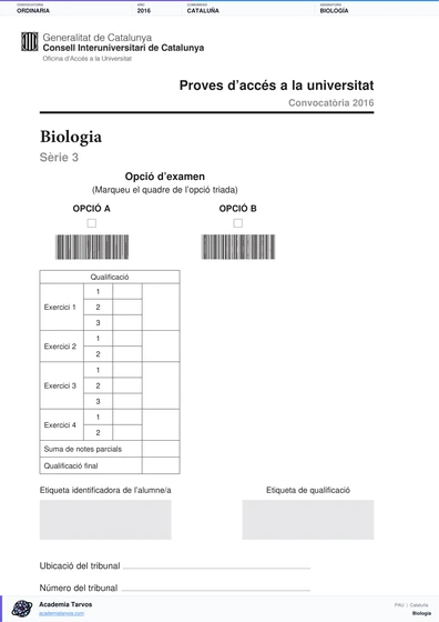 Vista previa de Examen PAU de Biología de Cataluña 2016 – Ordinaria
