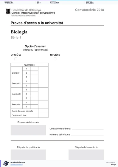 Vista previa de Examen PAU de Biología de Cataluña 2018 – Ordinaria