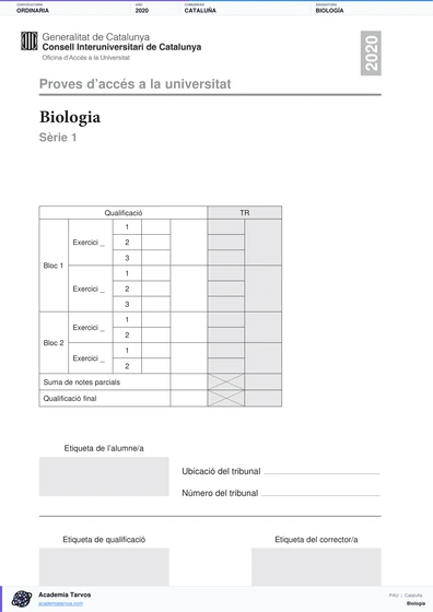 Vista previa de Examen PAU de Biología de Cataluña 2020 – Ordinaria