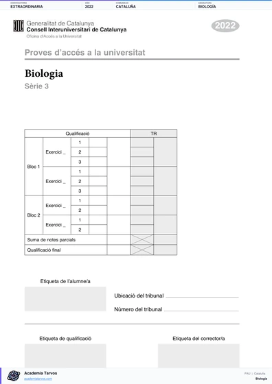 Vista previa de Examen PAU de Biología de Cataluña 2022 – Extraordinaria