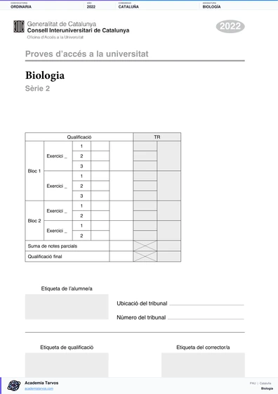 Vista previa de Examen PAU de Biología de Cataluña 2022 – Ordinaria