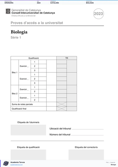 Vista previa de Examen PAU de Biología de Cataluña 2023 – Ordinaria