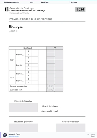 Vista previa de Examen PAU de Biología de Cataluña 2024 – Ordinaria