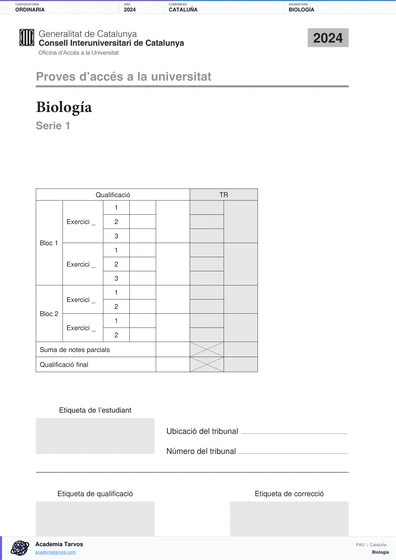Vista previa de Examen PAU de Biología de Cataluña 2024 – Ordinaria
