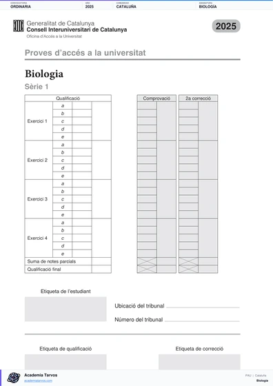 Vista previa de Examen PAU de Biología de Cataluña 2025 – Ordinaria