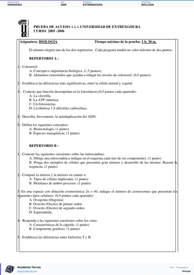 Vista previa de Examen PAU de Biología de Extremadura 2006 – Ordinaria