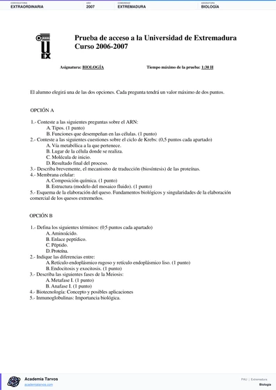 Vista previa de Examen PAU de Biología de Extremadura 2007 – Extraordinaria