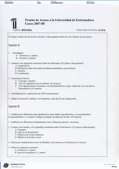 Vista previa de Examen PAU de Biología de Extremadura 2008 – Ordinaria