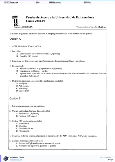 Vista previa de Examen PAU de Biología de Extremadura 2009 – Extraordinaria