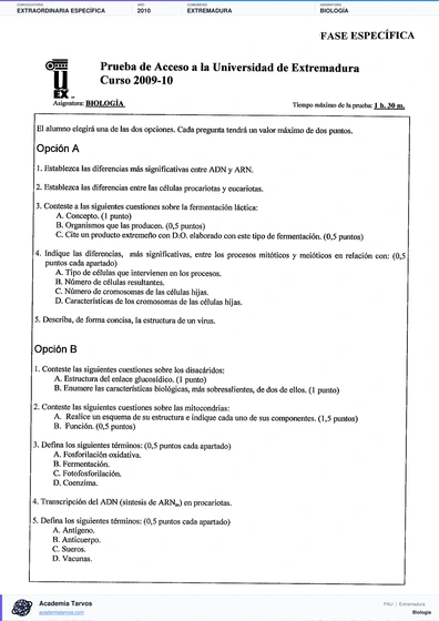 Vista previa de Examen PAU de Biología de Extremadura 2010 – Extraordinaria Específica