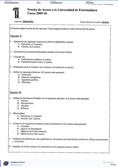 Vista previa de Examen PAU de Biología de Extremadura 2010 – Extraordinaria