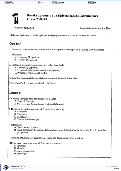 Vista previa de Examen PAU de Biología de Extremadura 2010 – Ordinaria