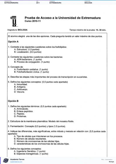 Vista previa de Examen PAU de Biología de Extremadura 2011 – Extraordinaria