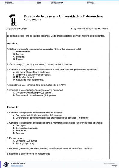 Vista previa de Examen PAU de Biología de Extremadura 2011 – Ordinaria