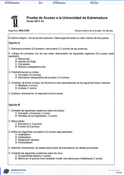 Vista previa de Examen PAU de Biología de Extremadura 2012 – Extraordinaria