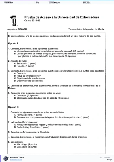 Vista previa de Examen PAU de Biología de Extremadura 2012 – Ordinaria