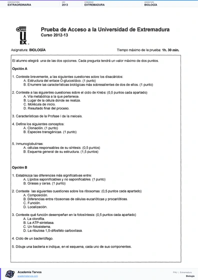 Vista previa de Examen PAU de Biología de Extremadura 2013 – Extraordinaria
