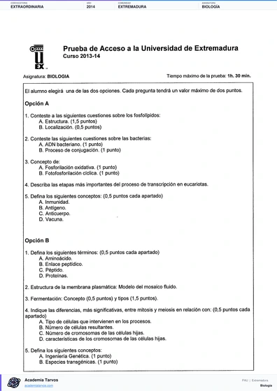 Vista previa de Examen PAU de Biología de Extremadura 2014 – Extraordinaria