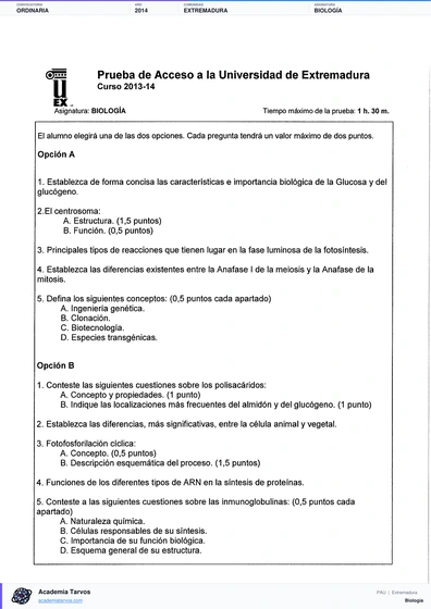 Vista previa de Examen PAU de Biología de Extremadura 2014 – Ordinaria