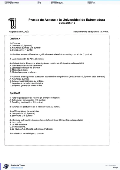 Vista previa de Examen PAU de Biología de Extremadura 2015 – Extraordinaria