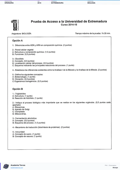 Vista previa de Examen PAU de Biología de Extremadura 2015 – Ordinaria