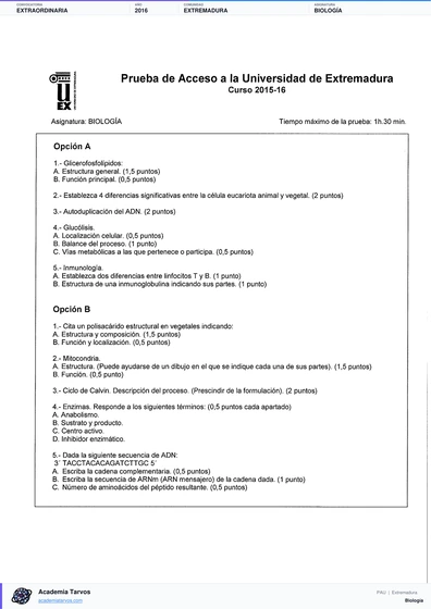 Vista previa de Examen PAU de Biología de Extremadura 2016 – Extraordinaria