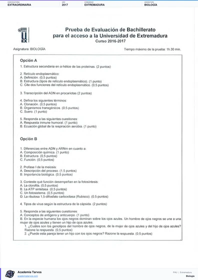 Vista previa de Examen PAU de Biología de Extremadura 2017 – Extraordinaria