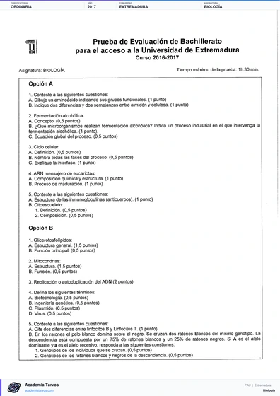 Vista previa de Examen PAU de Biología de Extremadura 2017 – Ordinaria