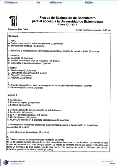 Vista previa de Examen PAU de Biología de Extremadura 2018 – Extraordinaria
