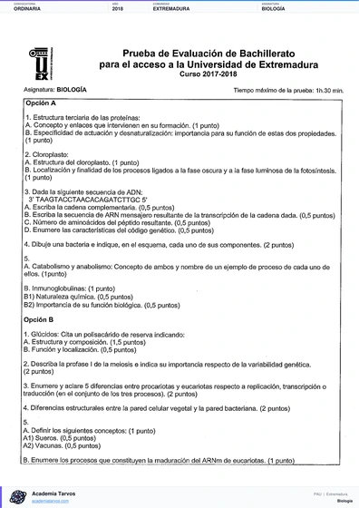 Vista previa de Examen PAU de Biología de Extremadura 2018 – Ordinaria