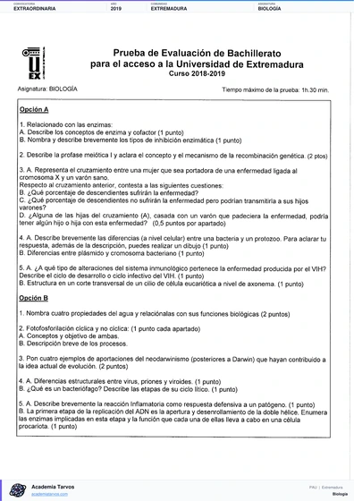 Vista previa de Examen PAU de Biología de Extremadura 2019 – Extraordinaria