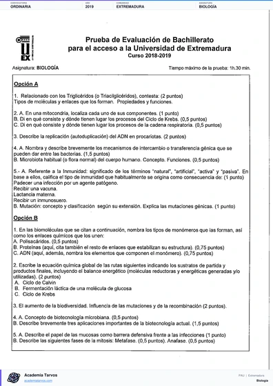 Vista previa de Examen PAU de Biología de Extremadura 2019 – Ordinaria
