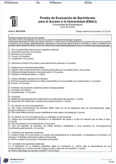 Vista previa de Examen PAU de Biología de Extremadura 2020 – Extraordinaria