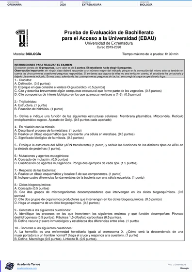Vista previa de Examen PAU de Biología de Extremadura 2020 – Ordinaria