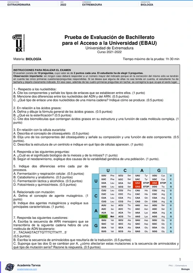Vista previa de Examen PAU de Biología de Extremadura 2022 – Extraordinaria