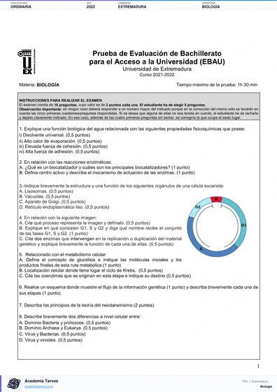 Vista previa de Examen PAU de Biología de Extremadura 2022 – Ordinaria