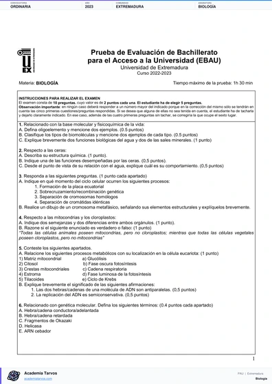 Vista previa de Examen PAU de Biología de Extremadura 2023 – Ordinaria