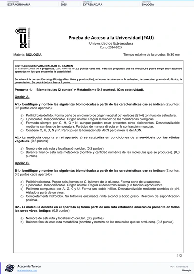 Vista previa de Examen PAU de Biología de Extremadura 2025 – Extraordinaria