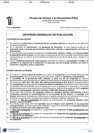 Vista previa de Modelo PAU de Biología de Extremadura 2025