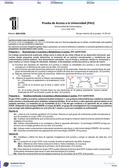 Vista previa de Examen PAU de Biología de Extremadura 2025 – Ordinaria