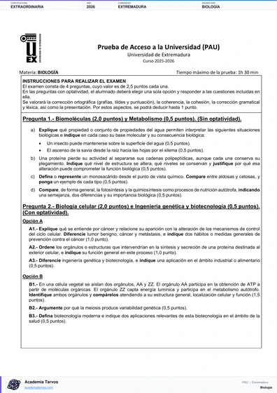 Vista previa de Examen PAU de Biología de Extremadura 2026 – Extraordinaria