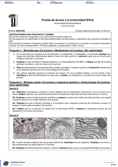Vista previa de Examen PAU de Biología de Extremadura 2026 – Ordinaria