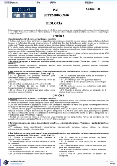 Vista previa de Examen PAU de Biología de Galicia 2010 – Extraordinaria