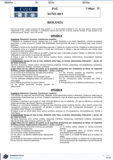 Vista previa de Examen PAU de Biología de Galicia 2011 – Ordinaria