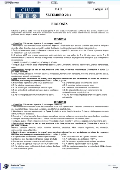 Vista previa de Examen PAU de Biología de Galicia 2014 – Extraordinaria