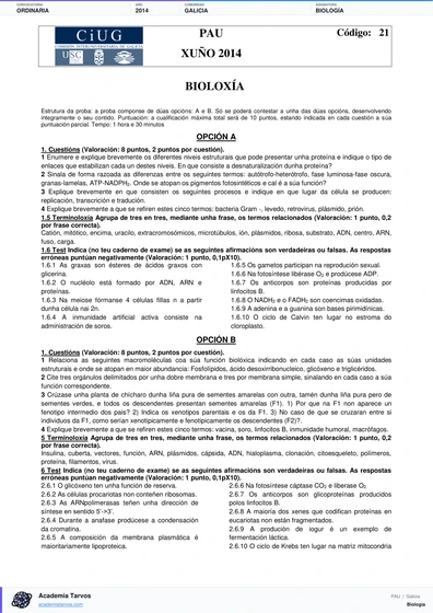 Vista previa de Examen PAU de Biología de Galicia 2014 – Ordinaria