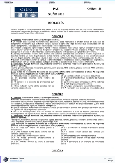 Vista previa de Examen PAU de Biología de Galicia 2015 – Ordinaria