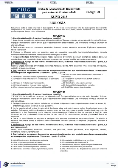 Vista previa de Examen PAU de Biología de Galicia 2018 – Ordinaria