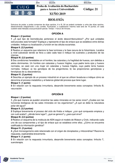Vista previa de Examen PAU de Biología de Galicia 2019 – Ordinaria