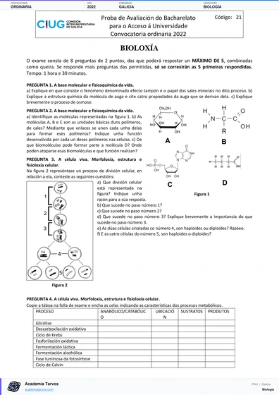 Vista previa de Examen PAU de Biología de Galicia 2022 – Ordinaria